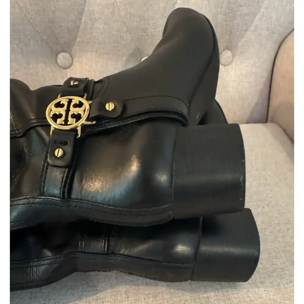 Tory Burch Donavan Riding Boots Black Leather Gold Logo Harness Knee High 7.5 - Picture 6 of 16